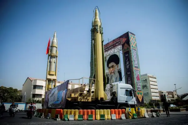 A display featuring missiles and a portrait of Iran's Supreme Leader Ayatollah Ali Khamenei is seen at Baharestan Square in Tehran, Iran on Sept. 27, 2017. (Nazanin Tabatabaee Yazdi/TIMA via Reuters)