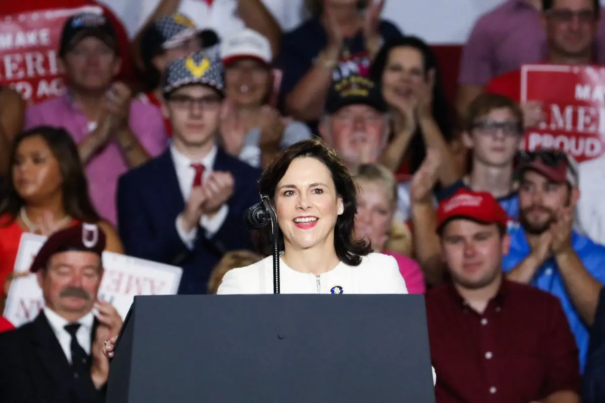 Jane Timken, chair of the Ohio Republican Party, speaks at a Make America Great Again rally in Lewis Center, Ohio, on Aug. 4, 2018. (Charlotte Cuthbertson/The Epoch Times)