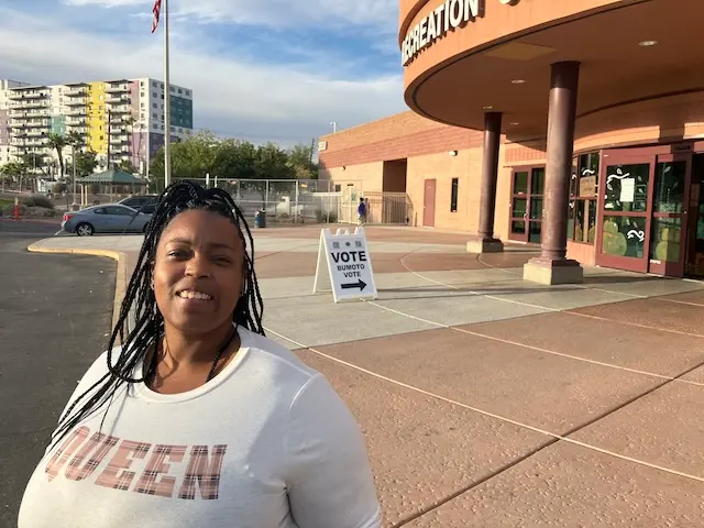 Phoenix Collins emerges from casting her early vote at the Cambridge Recreation Center near the Las Vegas Strip unhappy about what’s on the ballot but glad to get it done in Nevada, on Nov. 1, 2024. (John Haughey/The Epoch Times)