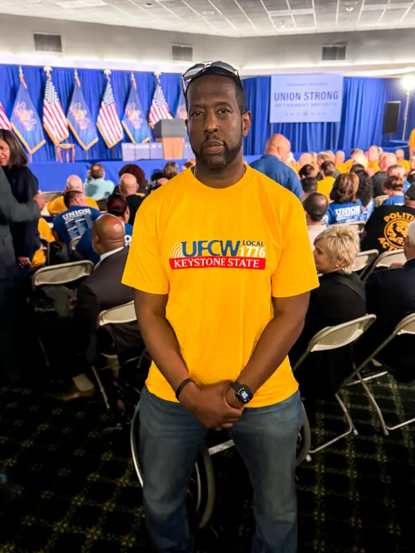 Leonard Purnell, the Field Services Director of the Union of Food and Commercial Workers (UFCW) Local 1776, attends a speech by President Joe Biden in Philadelphia, Pa., on Nov. 1, 2024. (Arjun Singh/The Epoch Times)