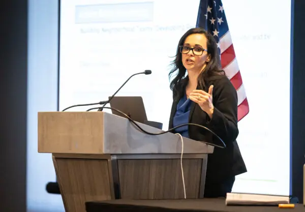 CAGOP Chairwoman Jessica Millan Patterson speaks at the 2024 CAGOP convention in Burlingame, Calif., on May 17, 2024. Patterson said the party expected results to be delayed again this year. (John Fredricks/The Epoch Times)