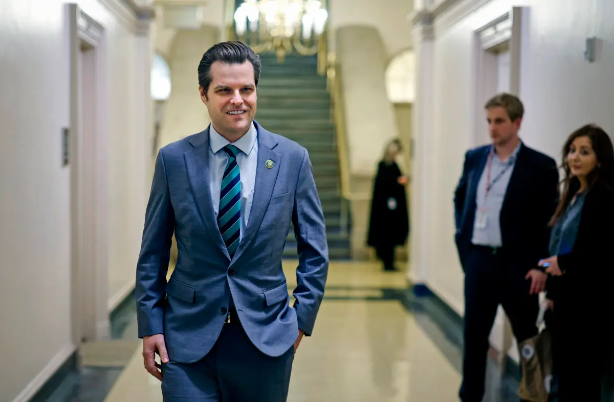 Rep. Matt Gaetz (R-Fla.) walks through the halls at the U.S. Capitol in Washington on Oct. 19, 2023. (Chip Somodevilla/Getty Images)