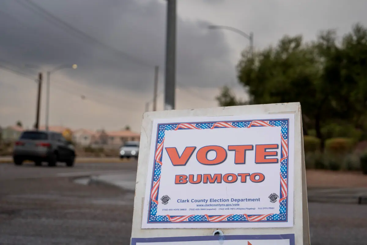 A vote sign in the primary election at the Desert Breeze Community Center in Spring Valley, Nev., on Feb. 6, 2024. (Madalina Vasiliu/The Epoch Times)