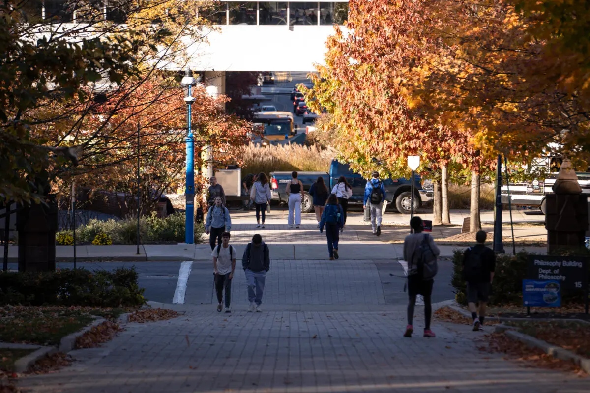 People walk on the Lehigh University campus in Bethlehem, Pa., on Oct. 25, 2024. (Madalina Vasiliu/The Epoch Times)