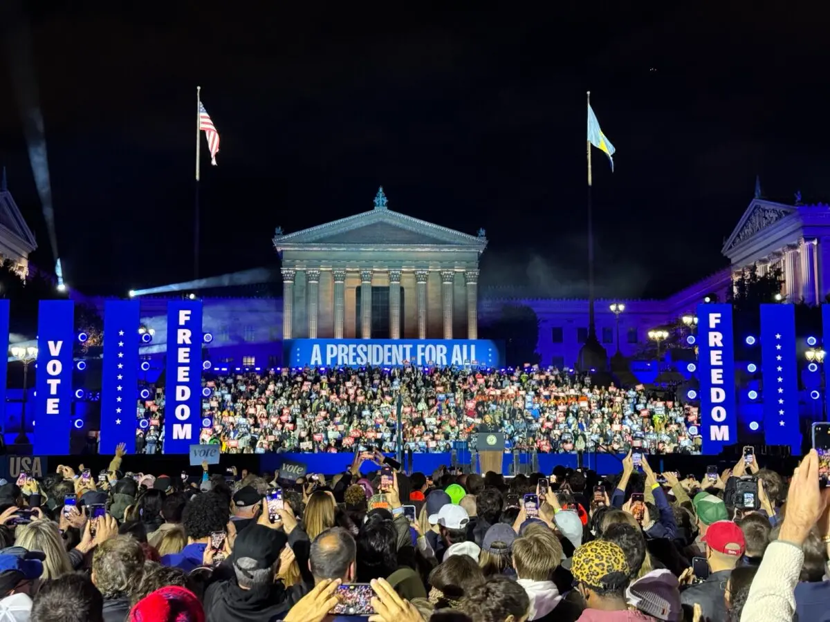 Vice President Kamala Harris speaks at the final rally of her campaign for the presidency in the 2024 election — at the Art Museum in Philadelphia, Pa., on Nov. 4, 2024. (Arjun Singh/The Epoch Times)