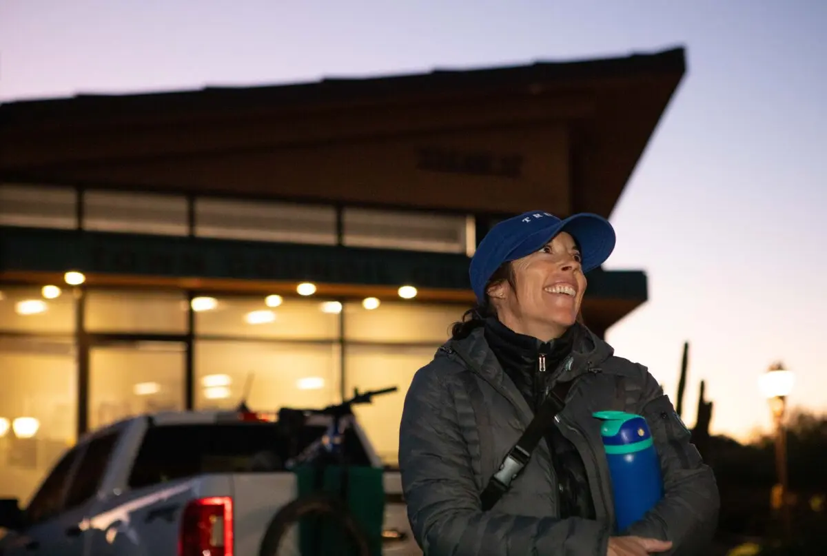 Ariane Buser exits polling center in Carefree, Ariz., on Nov. 5, 2024. (Jason Koster for the Epoch times)