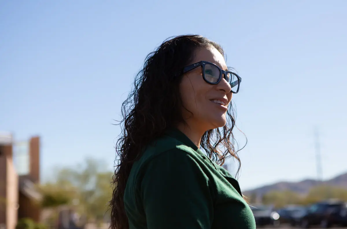 Liza Zataiain exits polling center in Phoenix, Ariz., on Nov. 5, 2024. (Jason Koster for the Epoch times)