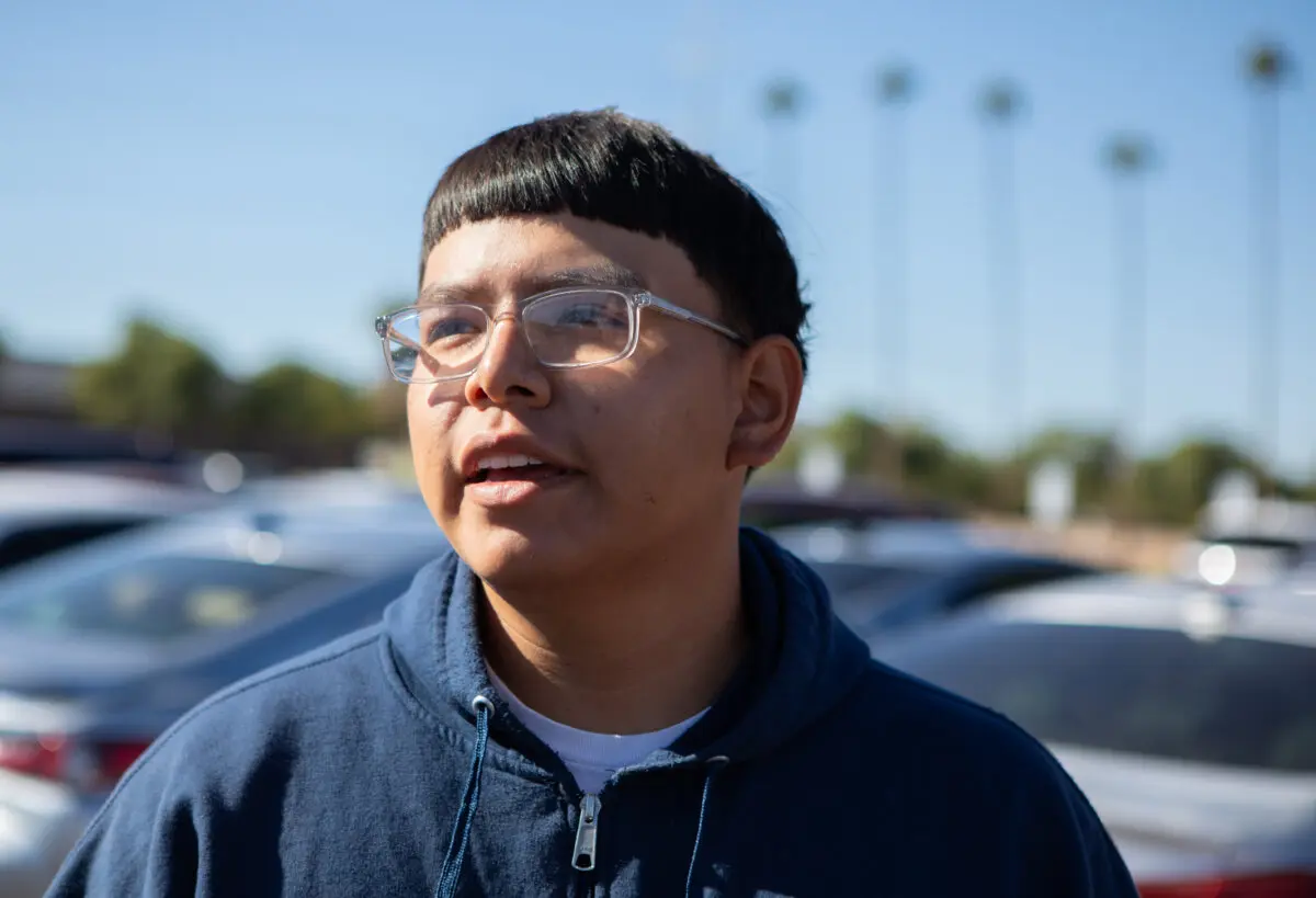 First time voter Ruben Lopez exits the polling center in Phoenix, Ariz., on Nov. 5, 2024. (Jason Koster for the Epoch times)