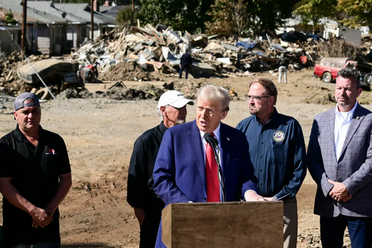 Former President Donald Trump, the Republican presidential candidate, speaks to the media in Swannanoa, N.C., on Oct. 21, 2024, after observing cleanup efforts in the aftermath of Hurricane Helene, which devastated the region. (Jim Watson/AFP via Getty Images)