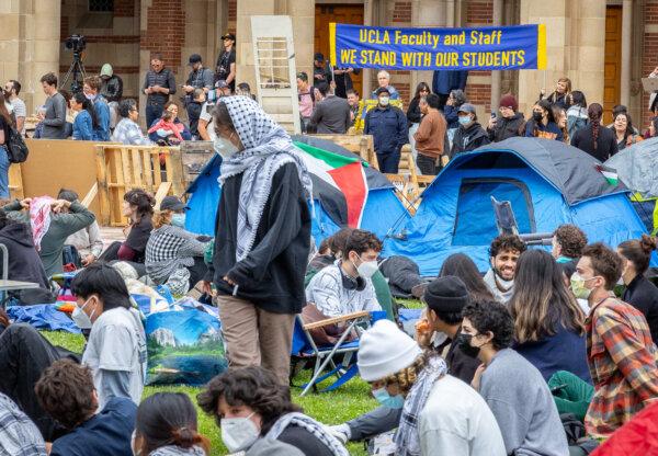 UCLA students protest the Israel-Hamas conflict, on the UCLA campus in Los Angeles on April 25, 2024. (John Fredricks/The Epoch Times)