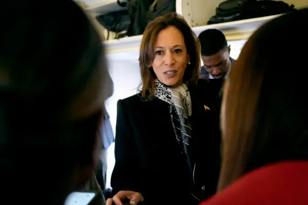 Democratic presidential nominee Vice President Kamala Harris speaks with reporters onboard Air Force Two at Detroit Metropolitan Wayne County Airport in Romulus, Mich., on Nov. 4, 2024. (Jacquelyn Martin/ AFP via Getty Images)