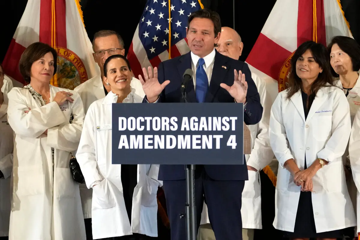 Florida Gov. Ron DeSantis speaks out against Amendment 4, which would expand access to abortion, during a news conference with Florida Physicians Against Amendment 4, in Coral Gables, Fla., on Oct. 21, 2024. (Lynne Sladky/AP Photo)