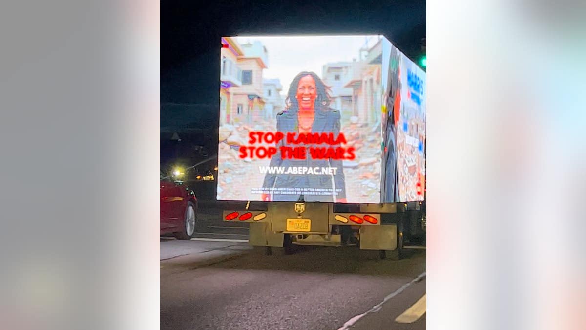 anti-Kamala Harris poster on a billboard truck