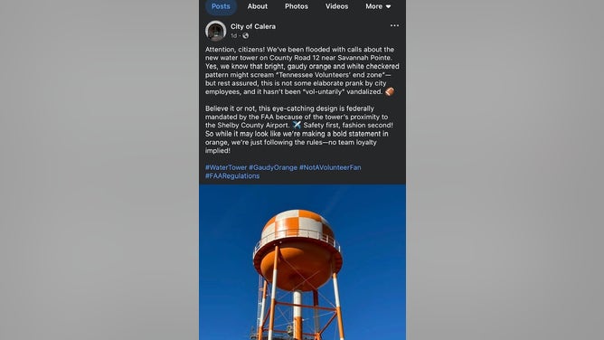 The City of Calera, Alabama had to issues a statement after its water tower was painted in Tennessee orange, which was forced by thr local FAA to support the Shelby Country Aitport Via: City of Calera