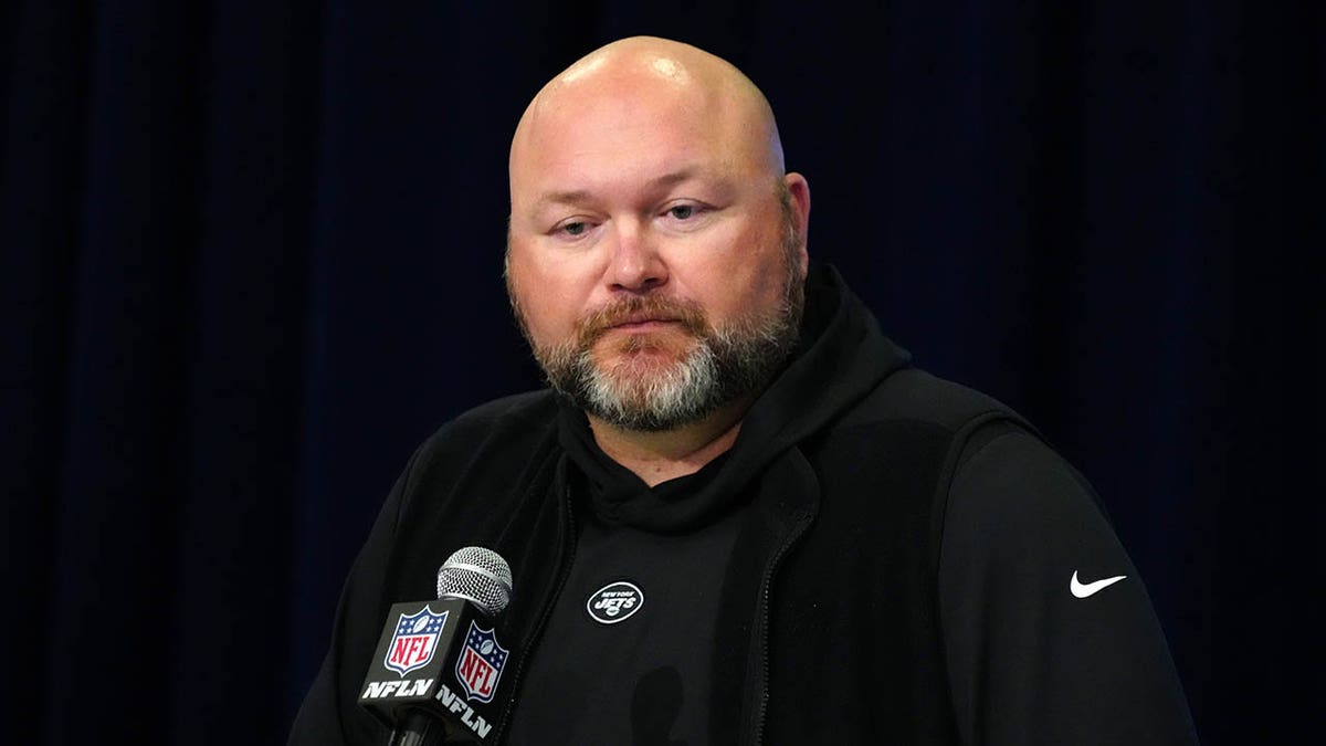 Joe Douglas at a press conference