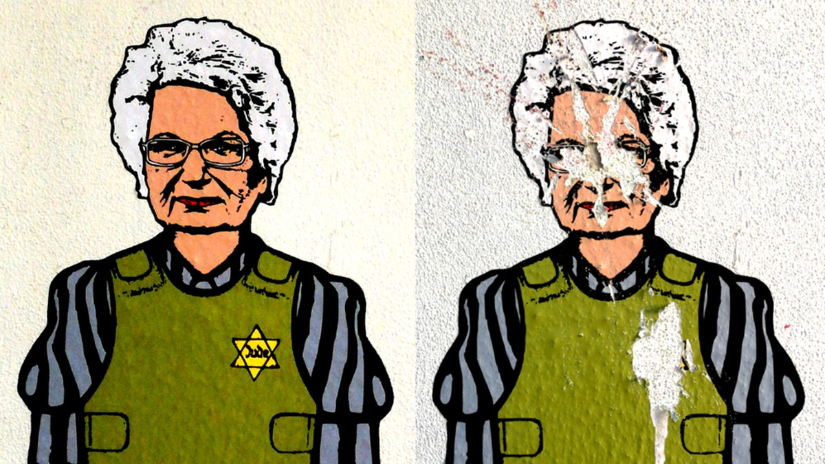 Mural of Liliana Segre, left, defaced mural of Liliana Segre, right