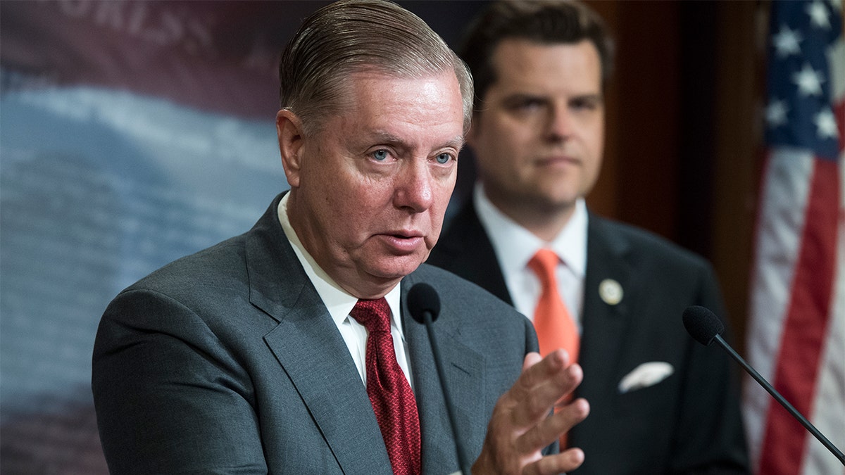 UNITED STATES - JULY 10: Sen. Lindsey Graham, R-S.C., left, and Rep. Matt Gaetz, R-Fla., conduct a news conference in the Capitol to introduce the Roosevelt Conservation Caucus which aims to address 