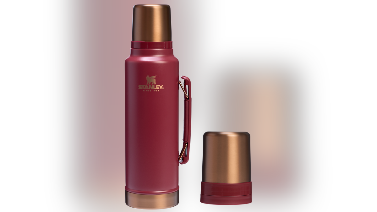 A durable original Stanley thermos in holiday colors. 