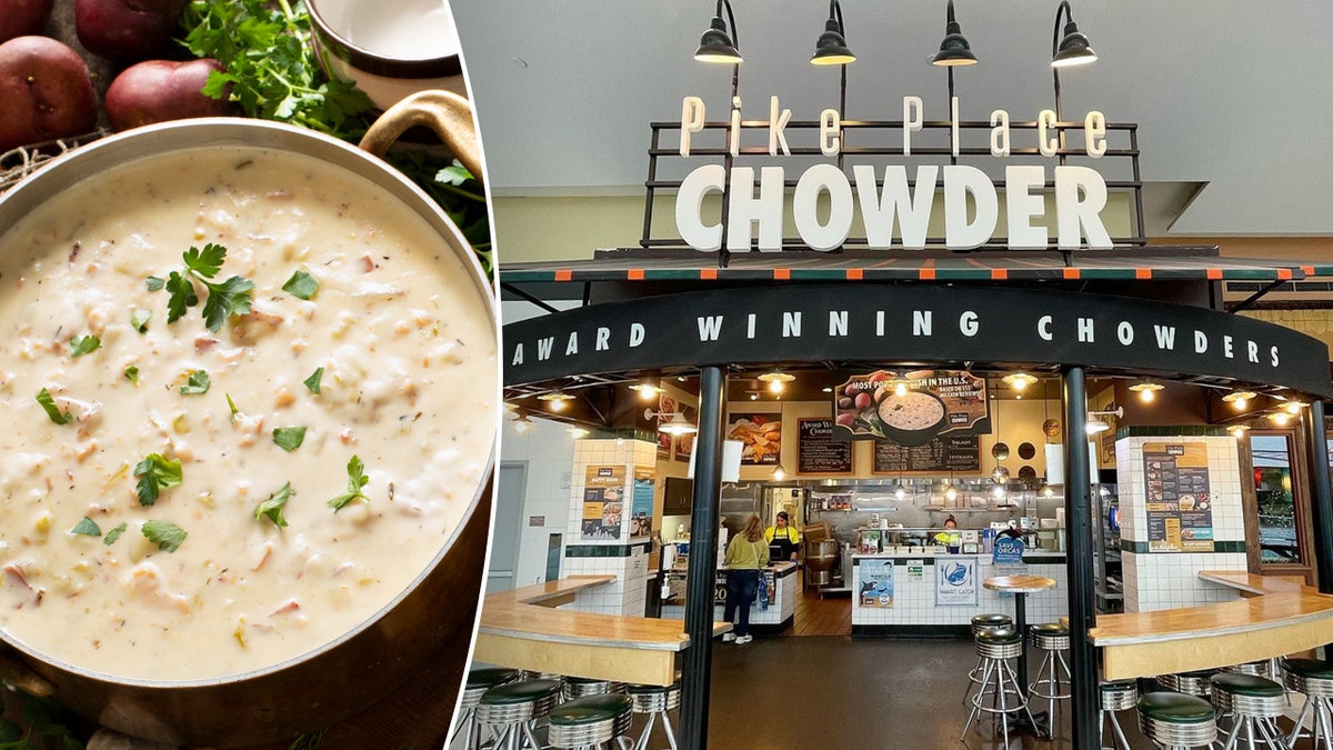 A split image of a bowl of chowder and a storefront of Pike Place Chowder 