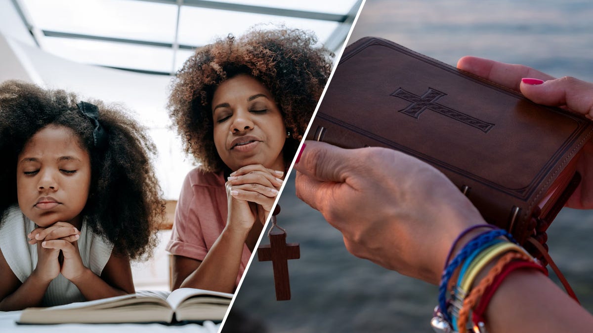 A split image of a mother and daughter praying with a person holding a bible by the beach on the other side.