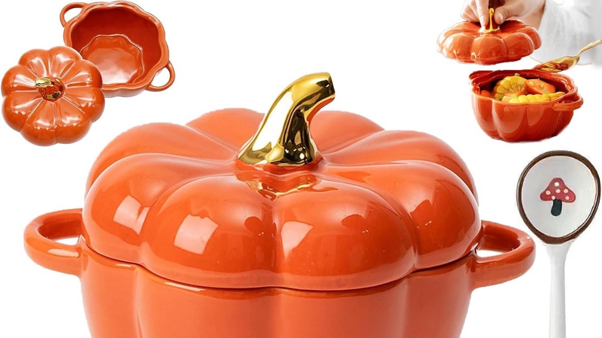 An oven-safe pumpkin-shaped soup bowl is both festive and functional.