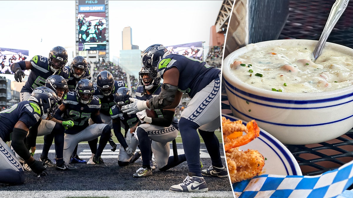 Seattle Seahawks players celebrate at Lumen Field, left. A bowl of clam chowder in Seattle is shown, right.