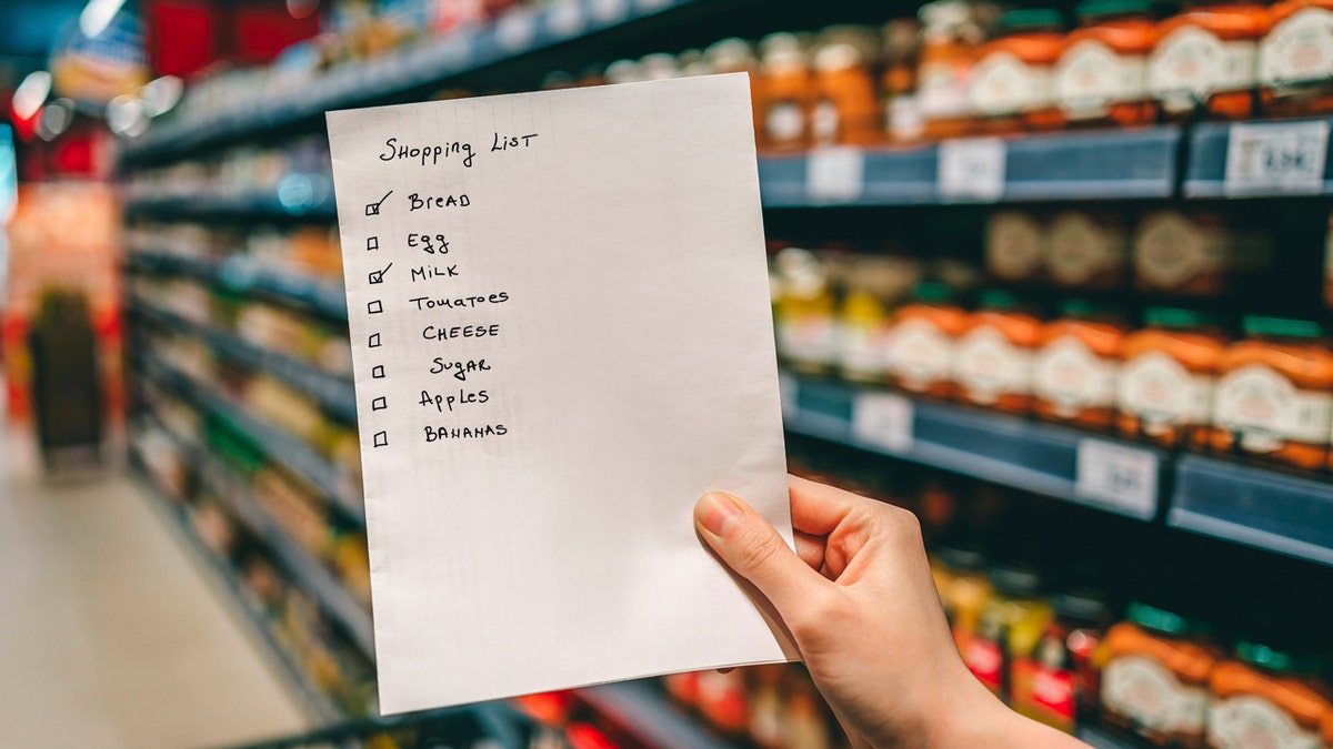 A hand holds a shopping list of items to be purchased at the grocery store.