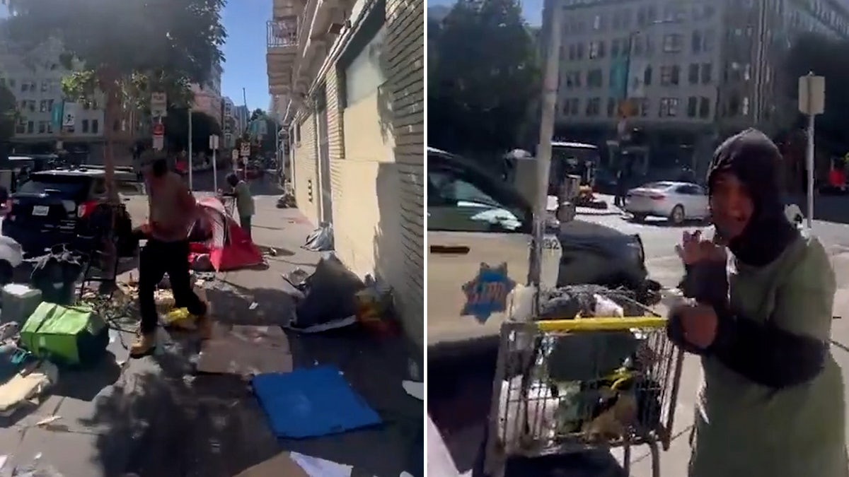 Garbage, tents, homeless people and a San Francisco Police Department car