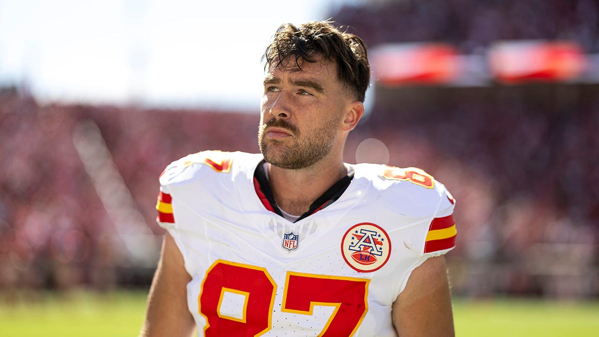 Kansas City Chiefs tight end Travis Kelce looks on during the game against the San Francisco 49ers at Levi's Stadium in Santa Clara, California, on Oct. 20.