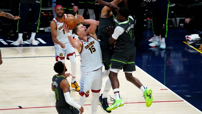 Denver Nuggets C Nikola Jokic goes to the rack on the Minnesota Timberwolves in Game 5 of the 2024 Western Conference Semifinals. (Ron Chenoy-Imagn Images)