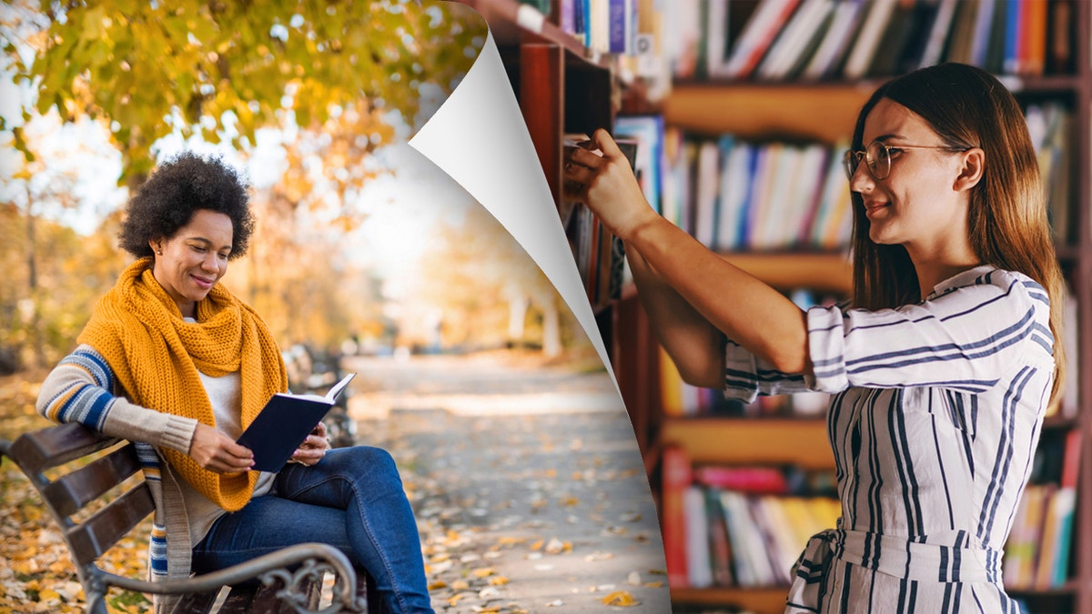 Split image of a person reading in the park and someone picking out a book from a shelf 