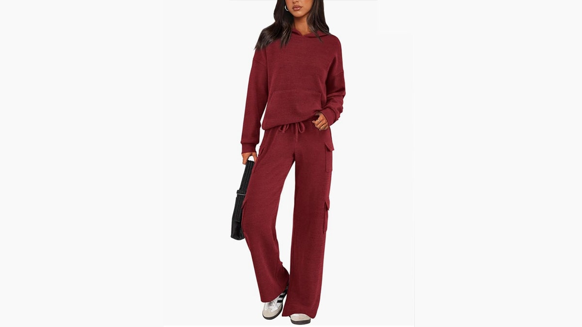 Amazon Women's 2 Piece Lounge Sets 2024 Fall Knitted Hoodie Pullover Tops Cargo Pants Matching Outfits Tracksuits