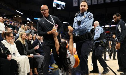 Security guards tackle two women to the ground during Knicks-Timberwolves game after they ran onto court