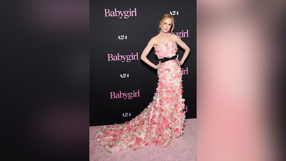 Nicole Kidman wore a strapless dress with pink, red and white flower petals on it to the premiere of 