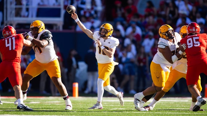 Big XII newcomer, the Arizona State Sun Devils, play the Iowa State Cyclones Saturday in the conference title game. (Mark J. Rebilas-Imagn Images)