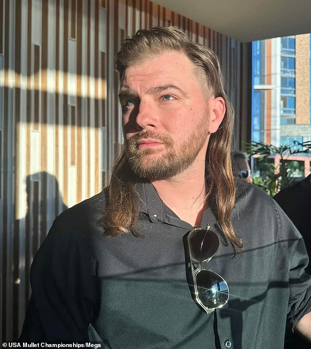 USA Mullet Championships runner-up Scott Salvadore of Stillwater, New York, with his mullet 