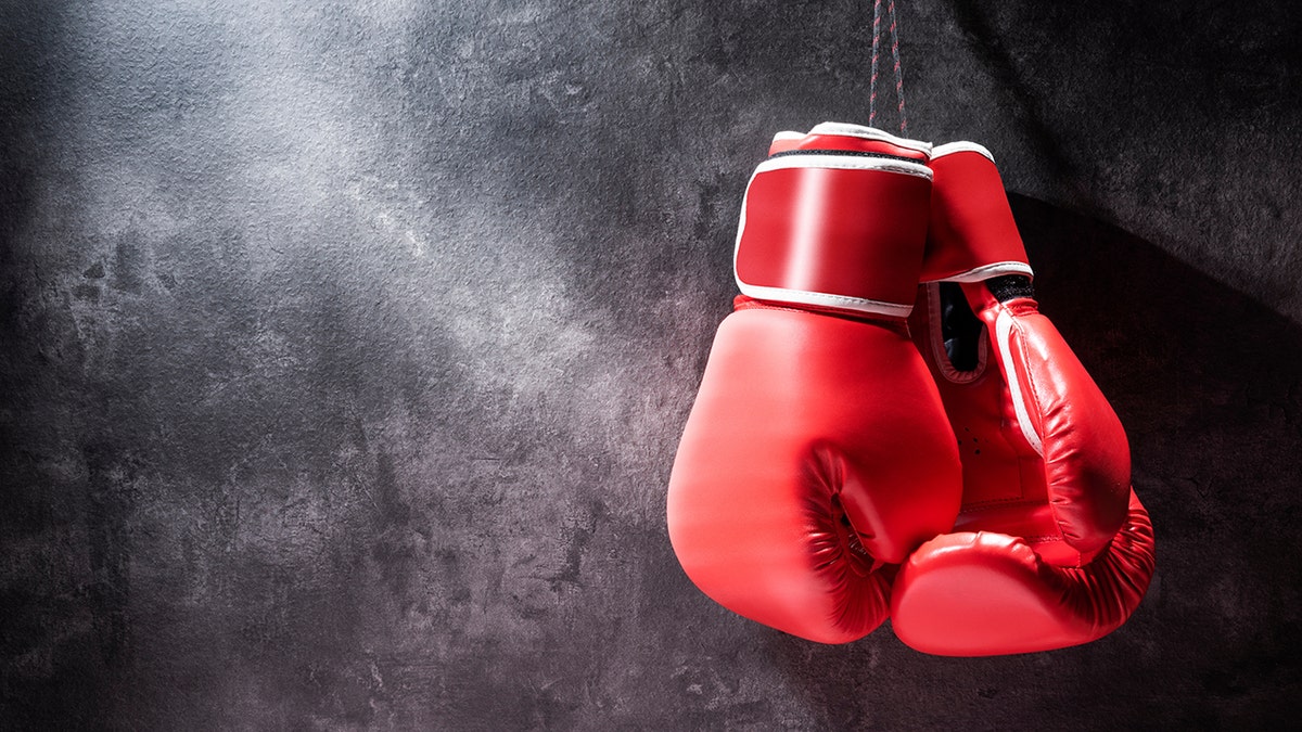 Pair of red boxing gloves hanging on the wall