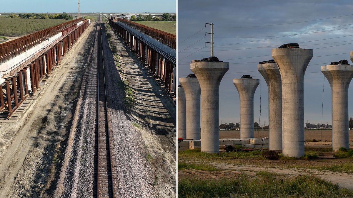 railroad tracks, left; support beams for elevated high speed train, right