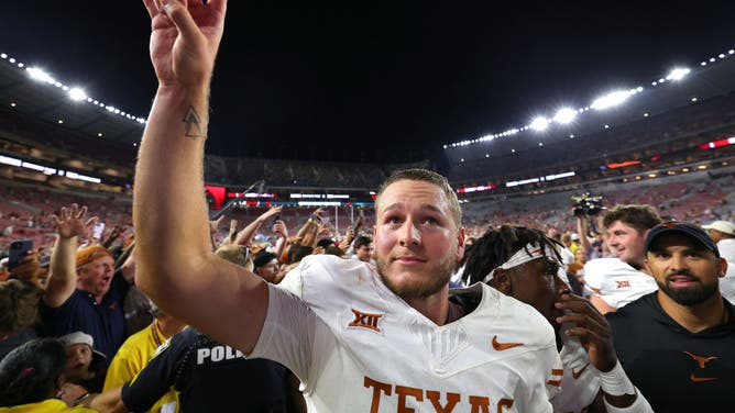 TUSCALOOSA, ALABAMA - SEPTEMBER 09: Quinn Ewers #3 of the Texas Longhorns reacts after defeating Alabama Crimson Tide 34-24 at Bryant-Denny Stadium on September 09, 2023 in Tuscaloosa, Alabama. (Photo by Kevin C. Cox/Getty Images)