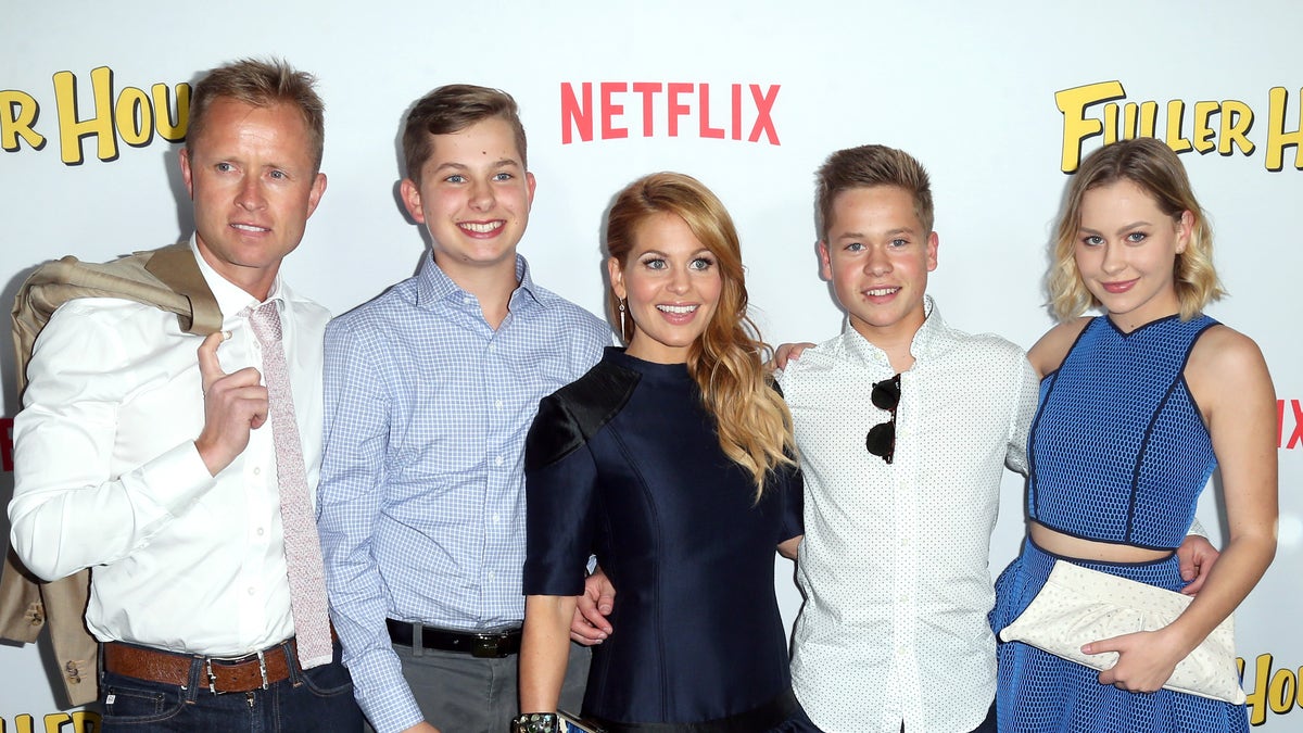 aleri Bure, Lev Valerievich Bure, actress Candace Cameron-Bure, Maksim Valerievich Bure, and Natasha Valerievna Bure attend the premiere of Netflix's 