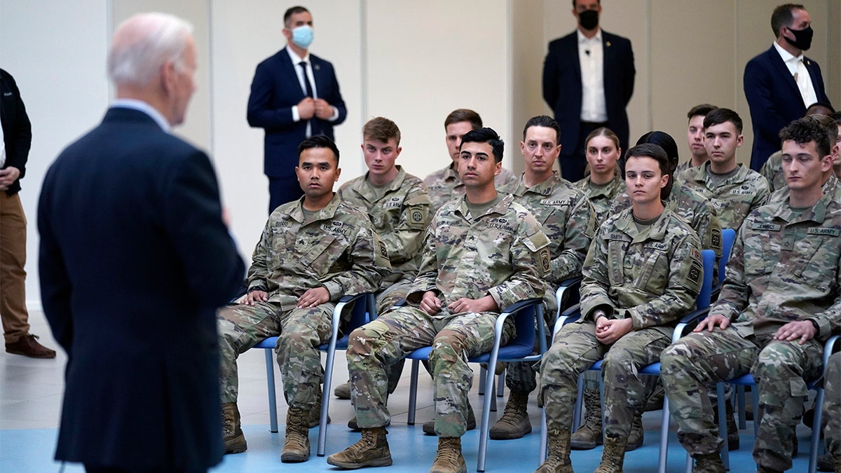 President Biden speaks to members of the 82nd Airborne Division at the G2A Arena, Friday, March 25, 2022, in Jasionka, Poland. (AP Photo/Evan Vucci)