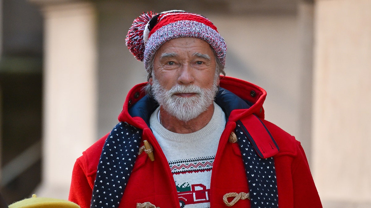 Close up of Arnold Schwarzenegger in character as Santa Claus filming 