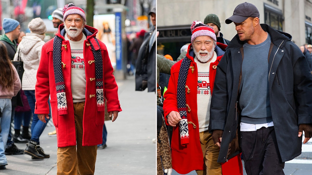 side by side photos of Arnold Schwarzenegger in character as Santa Claus in New York City, and Arnold Schwarzenegger with Alan Ritchson