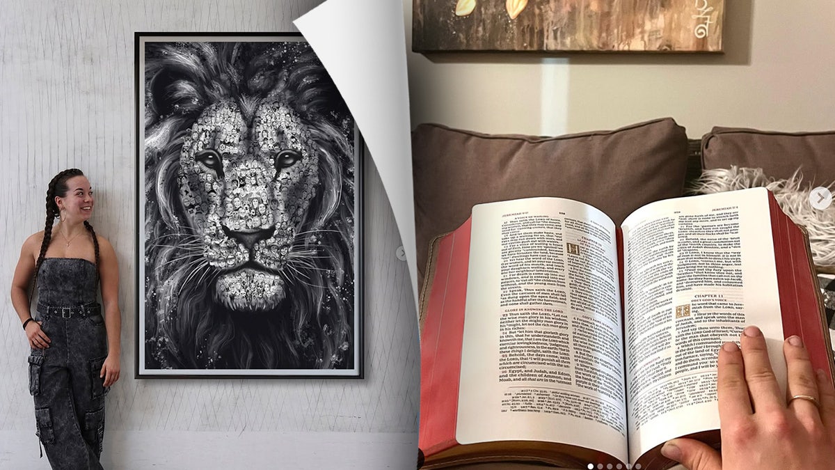 Woman standing next to lion artwork next to image of hand on open Bible