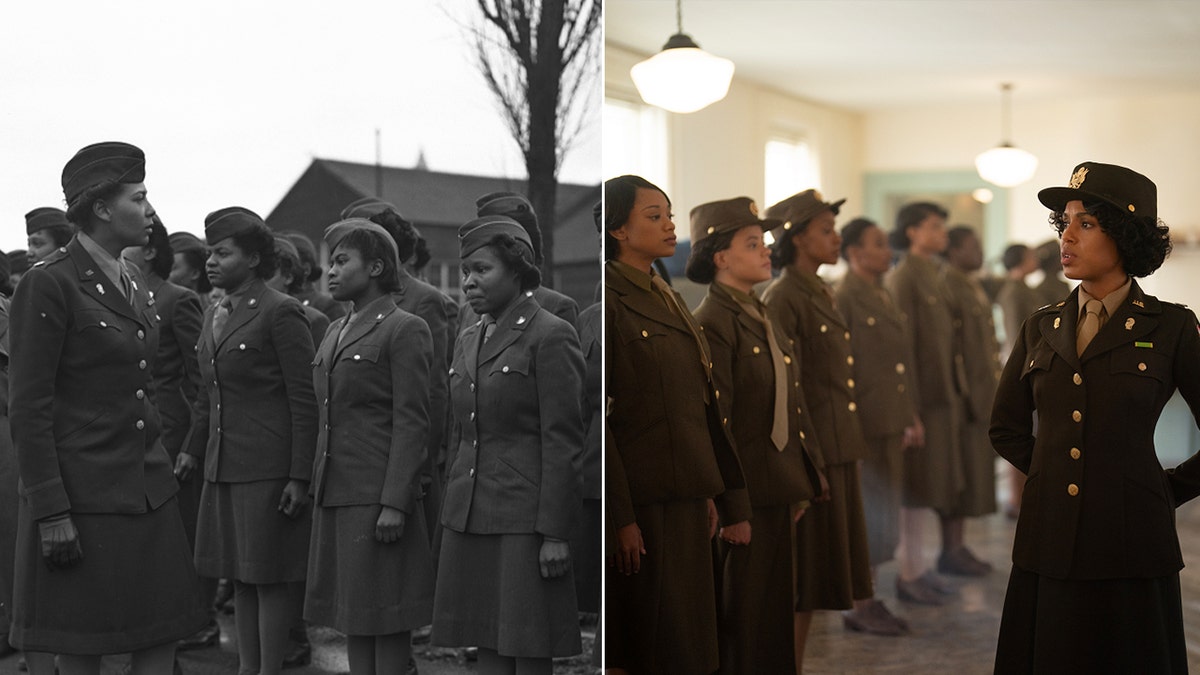 A split image shows a real photo of U.S. Army Maj. Charity Adams walking in front of her battalion next to a still image from Netflix's 