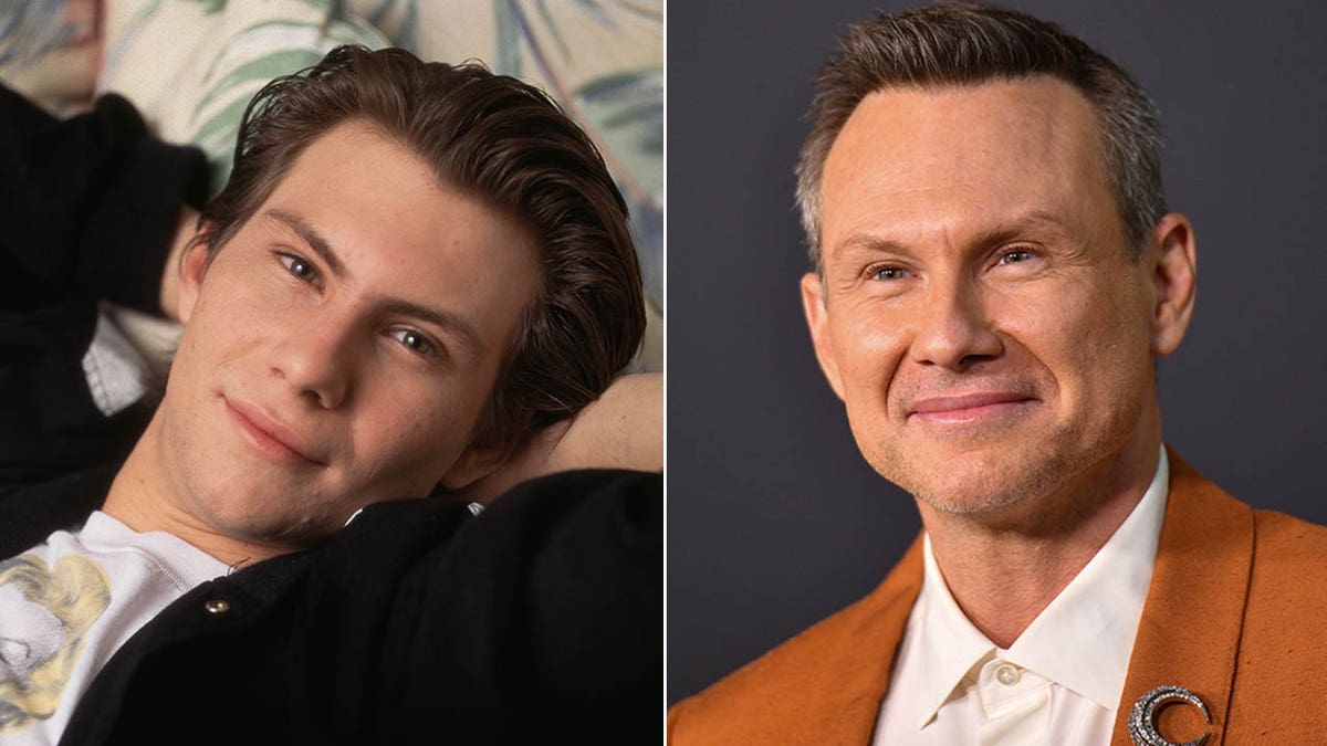 A split image of Christian Slater then and now