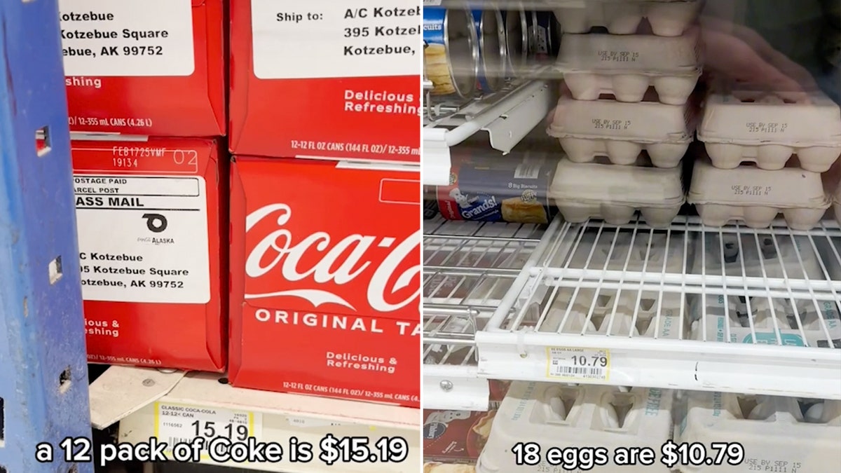 A 12-pack of Coca-Cola is sold for $15.19 in Kotzebue, Alaska, while a carton of 18 eggs costs $10.79.