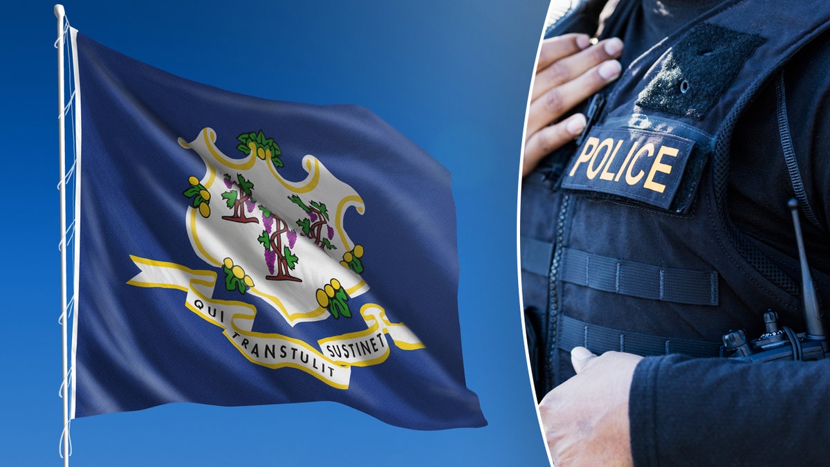 Connecticut state flag and a police officer