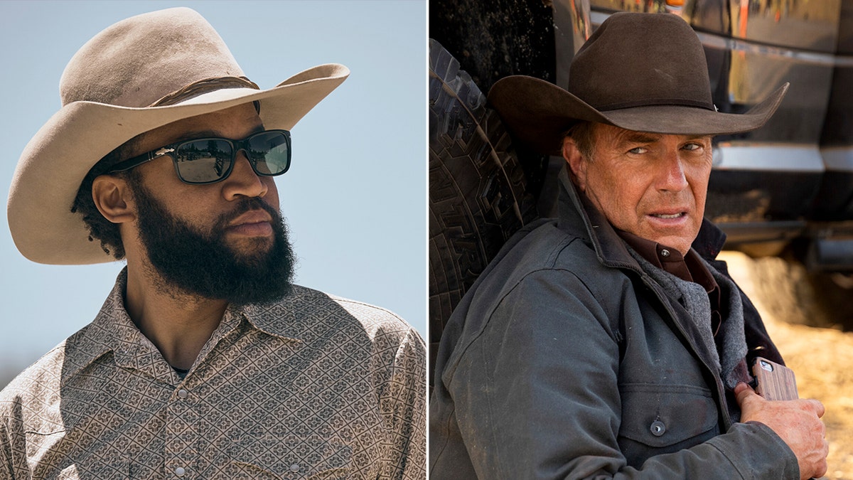 Side by side photos of Denim Richards and Kevin Costner in scenes from Yellowstone