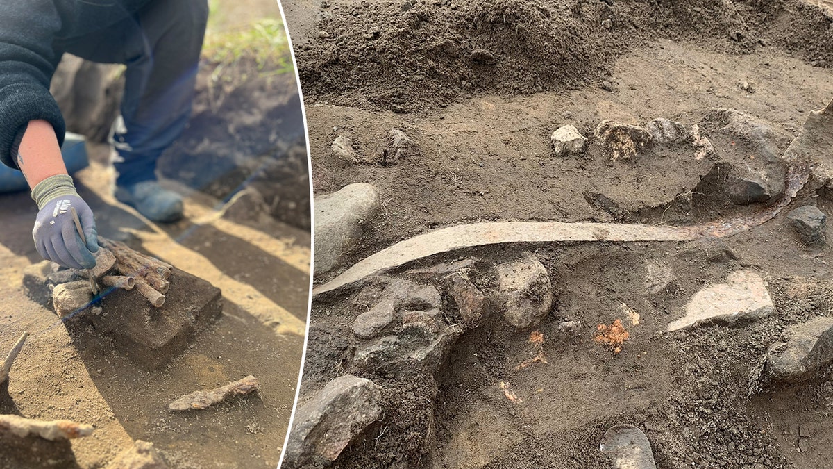 Split photo of individual carefully handling ancient weapons and the ancient weapons lying on the dirt